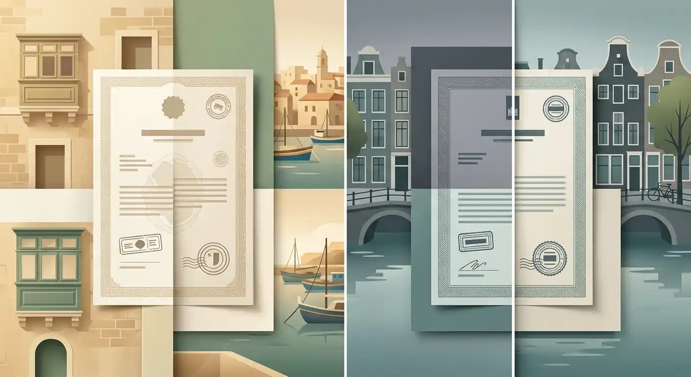 Conceptuele illustratie van twee afzonderlijke vergunning- en toezichtslagen voor Malta en Nederland